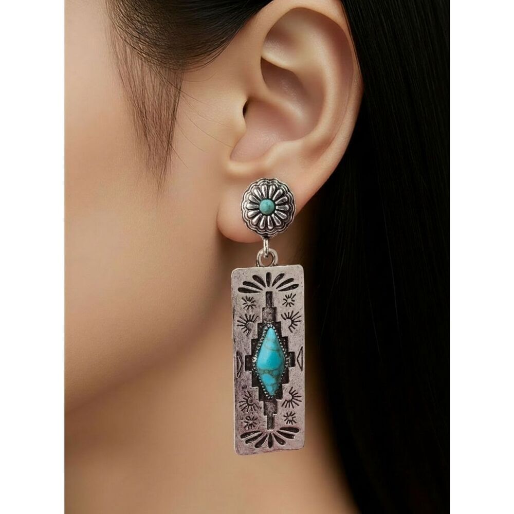 Turquoise Sunflower Dangle Earrings Western Boho Silver Drop Statement Festival
